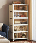 Extra Large Lockable Stackable Storage Bins With Lids On Wheels, 5-Tier Collapsible Plastic Organizer Bins in a living room corner