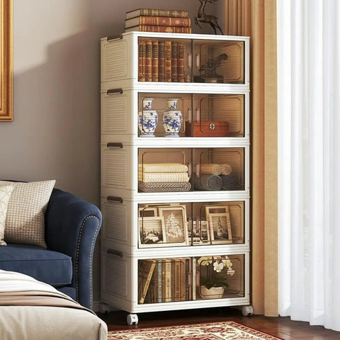 Extra Large Lockable Stackable Storage Bins With Lids On Wheels, 5-Tier Collapsible Plastic Organizer Bins in a living room corner