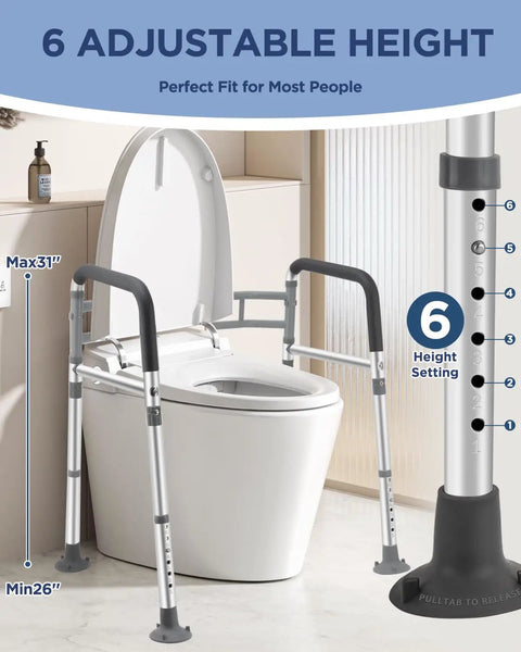 Adjustable Foldable Toilet Safety Rails For Seniors Handicap Users Straight Up Strong Aluminum Grab Bar with adjustable height settings.