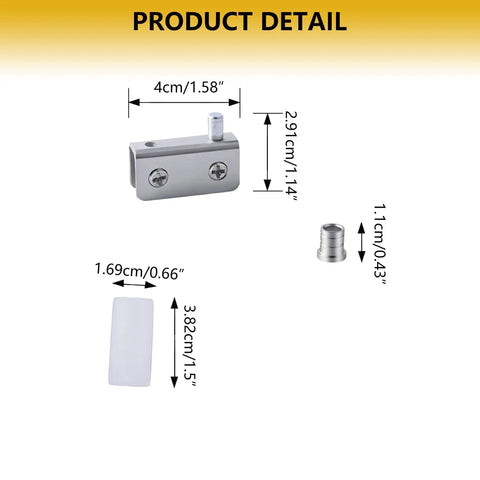 Dimensions of No-Drill Glass Door Pivot Hinge Set for 4-6mm Glass, showing stainless steel clamp, screws, and bushings.