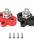 Beefy M10 3/8 Single Stud Terminal Block, Hassle Free Rock Solid Battery Power Distribution Bus Bar set in red and black with mounting screws.