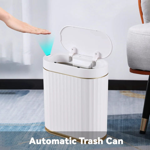 White gold Hands Free Sensor Trash Can With Lid 2 Gallon Automatic Motion Activated Garbage Bin Waterproof IPX5 in a room