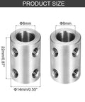 Rigid 8mm To 8mm Shaft Coupler Connector, 22mm Long By 14mm Dia Steel Joint, Heavy Duty Coupling Set For 3D Printers And DIY Projects, Includes 24 Screws And Hex Wrenches, 6 Pcs. product size diagram showing 8mm bore and 22x14mm steel coupler