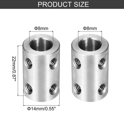 Rigid 8mm To 8mm Shaft Coupler Connector, 22mm Long By 14mm Dia Steel Joint, Heavy Duty Coupling Set For 3D Printers And DIY Projects, Includes 24 Screws And Hex Wrenches, 6 Pcs. product size diagram showing 8mm bore and 22x14mm steel coupler