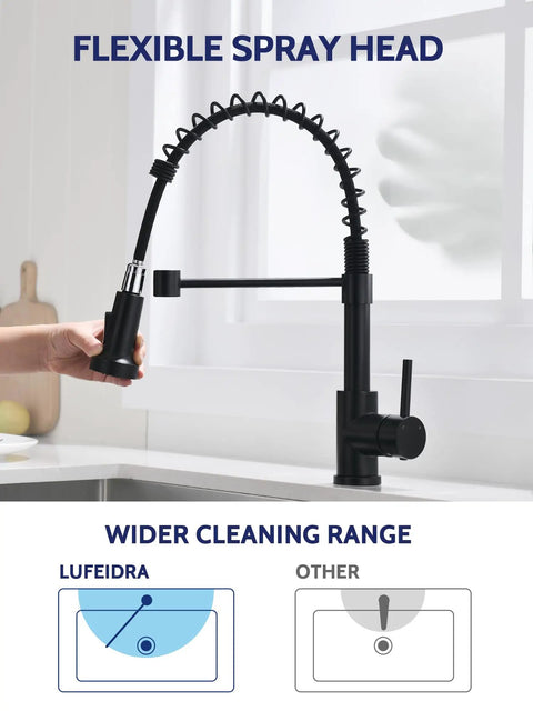 Black Kitchen Faucet With Pull Down Sprayer, High Arc Spring, 304 Stainless Steel, Single Handle, showcasing flexible spray head