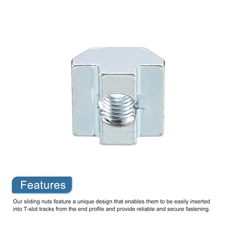 Front view of Heavy Duty 4040 Series T Slot Nuts M8 Hammer Head Fasteners Nickel Plated Carbon Steel Sliding Nuts, silver