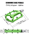 Grippy BMX MTB Pedals Fit 9 By 16 Inch Crank Lightweight Aluminum Green with 3 Bearings, CrMo Axle, CNC Machined shown with dimensions