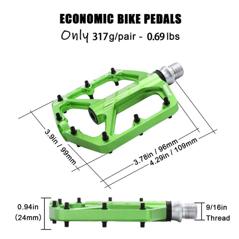 Grippy BMX MTB Pedals Fit 9 By 16 Inch Crank Lightweight Aluminum Green with 3 Bearings, CrMo Axle, CNC Machined shown with dimensions