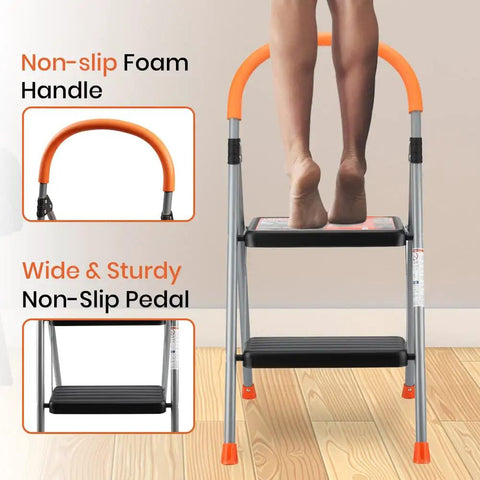 2 Step Folding Step Stool Ladder With 330Lb Heavy Duty Steel Frame, Anti Slip Wide Pedals And Cushioned Handgrip in use.
