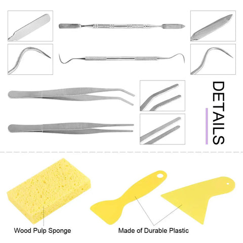 Mosaic Tile Nippers Kit Pro Grade With Heavy Duty Glass Nippers including tweezers, double-ended hook tool, sponge, plastic scraper
