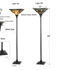 Diagram of Tiffany Style Mission Floor Lamp With Real Stained Glass Shade, 69" tall with 12" shade, rotary switch on metal pole.