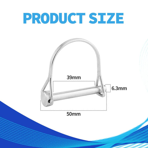 Two BISS safety shaft locking pins with a U-shaped arch, 6.3mm diameter and 50mm length, 316 stainless steel.