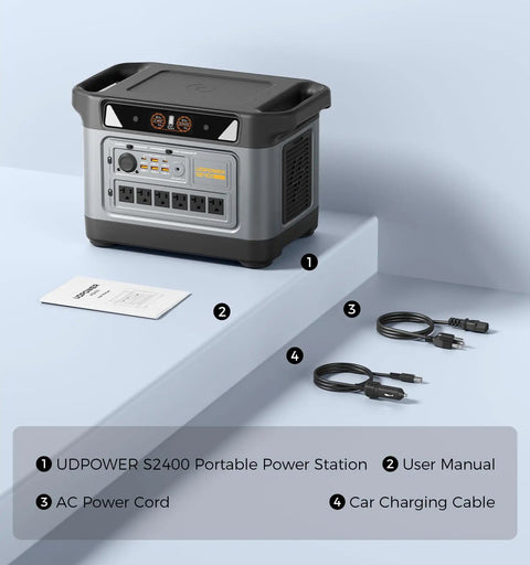 Hella Durable 2083Wh Solar Generator Pumping 2400W Of Smooth Juice Through Six AC Plugs DC Ports USB Slots And Sun Powered Input on a table with user manual and cables.