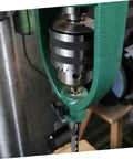 Iron Mortise Converter Runs Tight On Bench Drills with hollow chisel bits on a drill, showing clamp mechanism.