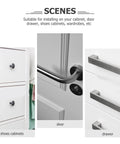 Collage of cabinet door handles including knobs and pulls on drawers in a wardrobe. Focus on brass single hole drawer pull handle.