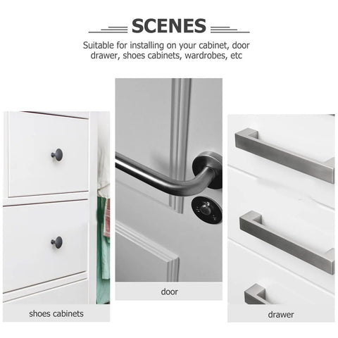 Collage of cabinet door handles including knobs and pulls on drawers in a wardrobe. Focus on brass single hole drawer pull handle.