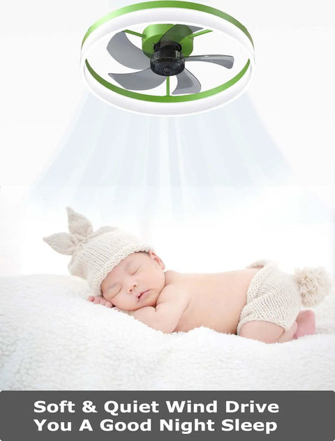 Super Quiet Modern Ceiling Fan With Dimmable LED Lights Remote Control Timing And Reversible Blades Low Profile Flush Mount Five Invisible Blades Green Finish For Living Room Bedroom Comfort
