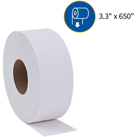 Jumbo 2 Ply Bath Tissue For Commercial Dispensers, Unscented White Toilet Paper Roll 3.3 Inch By 650 Foot, 12 Count Bulk Pack, Recycled Fiber.