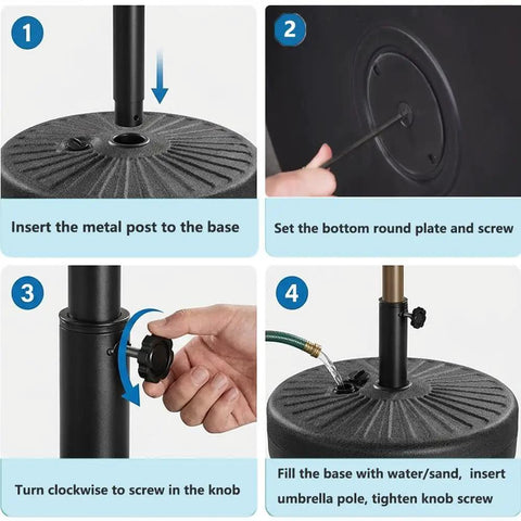 Assembly steps for Rock Solid Heavy Duty Round Umbrella Base 85.7 Pound Water And Sand Filled Patio Stand With Steel Holder.