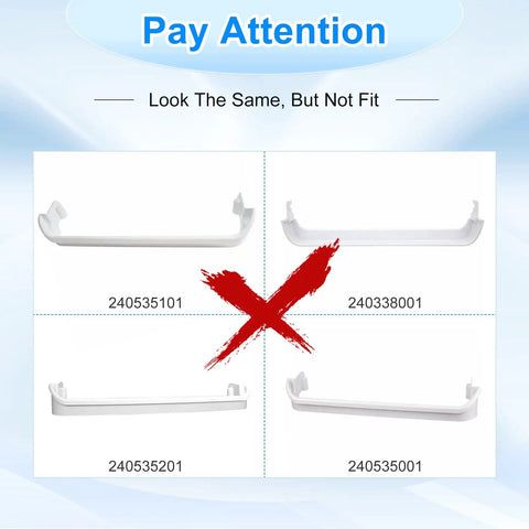 Comparison of similar fridge door rails with red X, highlighting importance of Three Pack Refrigerator Door Shelf Replacement Kit Includes 240534701 And 240534901 Rails Replaces AP3214631 PS734936 948952 AP3214630 PS734935 EA734935 948954 AH734935 Easy To Install And Durable Fits Most Refrigerators.