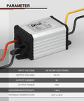 Image of a waterproof 12V to 5V buck converter with 8 to 35V input delivering stable 5V at up to 3A 15W for vehicle electronics.