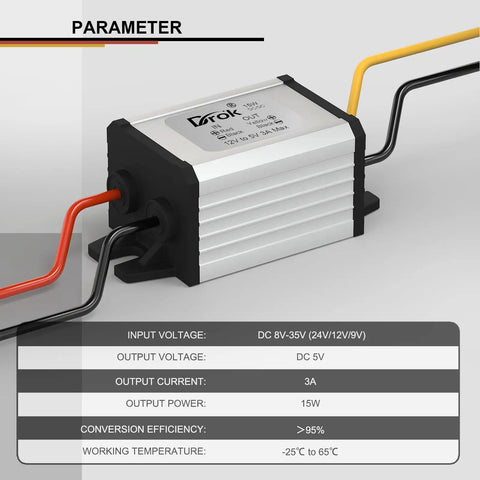 Image of a waterproof 12V to 5V buck converter with 8 to 35V input delivering stable 5V at up to 3A 15W for vehicle electronics.
