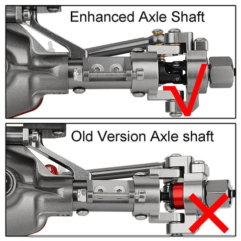 Comparison between enhanced and old axle shaft for Beefy 330mm Wheelbase Rock Crawler Frame Chassis With SCX10 Axles Nylon Roll Cage Independent Shocks LCG Transmission Steel Gears One Tenth RC Crawler Upgrade For Axial SCX10 Red.