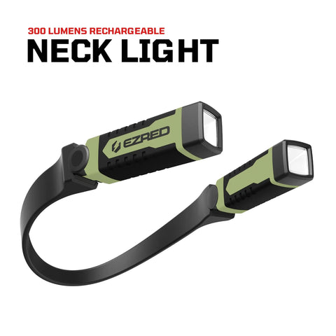 Rechargeable Hands Free Neck Light With Nine Hour Run Time, Water Resistant And Rugged shown in black and green design