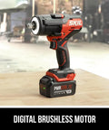 Heavy Duty 20V Cordless Impact Wrench Delivering Nut Crushing Mid Torque Power With 4.0 Ah Battery And Fast Auto Charger shown on workbench.