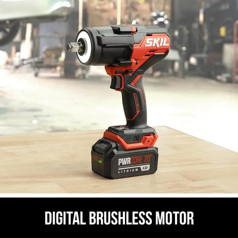 Heavy Duty 20V Cordless Impact Wrench Delivering Nut Crushing Mid Torque Power With 4.0 Ah Battery And Fast Auto Charger shown on workbench.