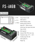 FS-iA6B receiver diagram with specifications for 10 Channel 2.4G AFHDS 2A RC Transmitter With FS-iA6B Receiver For Drones And Quadcopters.