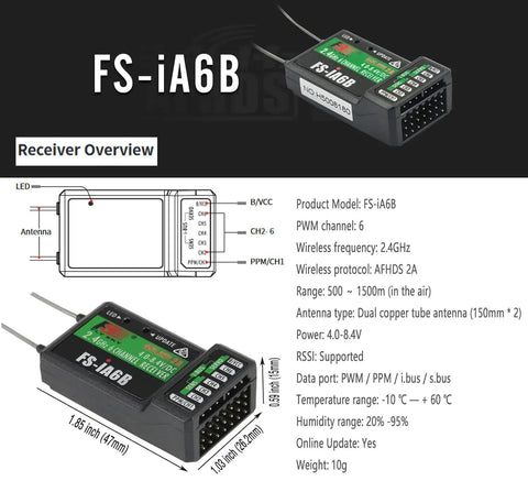FS-iA6B receiver overview with specs; part of Fs-i6s 2.4G 10CH AFHDS 2A RC Transmitter for drones, with dual copper tube antenna.