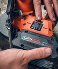 Built Tough Cordless Circular Saw For Spark Free Cold Cuts On Sheet Metal And Steel Pipe Works Like A Charm With Standard 18V Packs, close-up of battery connections.