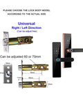 Diagram showing adjustable lock body, universal use for Wifi Smart Door Lock With Fingerprint Password And Keyless Entry Plus Usb Charging Backup Tuya App Remote Monitoring Red Bronze Finish