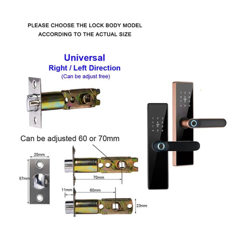 Diagram showing adjustable lock body, universal use for Wifi Smart Door Lock With Fingerprint Password And Keyless Entry Plus Usb Charging Backup Tuya App Remote Monitoring Red Bronze Finish