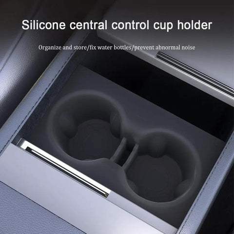 Slick White Silicone Cup Holder Tray For Tesla Model Y 2025 Center Console shows organized cup holder with secure grip design.