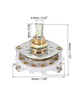 Close-up of 1 Pole 6 Position Rotary Switch Band Selector 1 Deck 42mm Diameter 9.8mm Thread with measurements for TV Radio