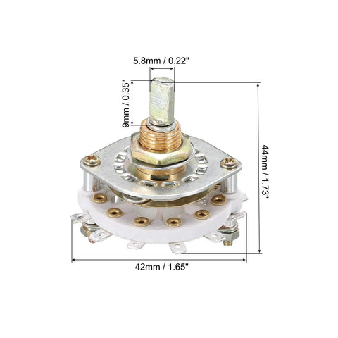 Close-up of 1 Pole 6 Position Rotary Switch Band Selector 1 Deck 42mm Diameter 9.8mm Thread with measurements for TV Radio