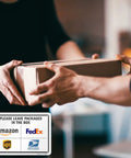 Hands exchanging a package with a Premium 7 X 10 Inch Rustproof Aluminum Delivery Instructions Metal Sign For Amazon And FedEx And Ups Package Drop Off Outside Keep The Mail Pretty Dang Safe With This Straight Up Built Tough Mailbox Plaque.