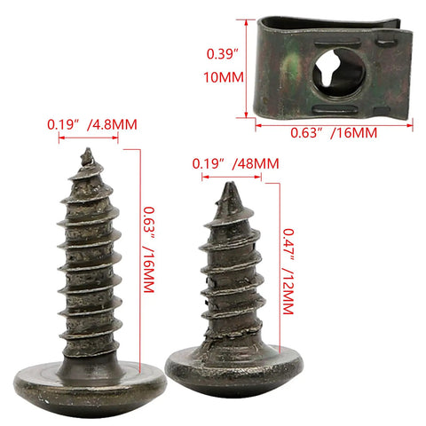 Hardcore Rock Solid Auto Tape Clips And Self Tapping Screws Kit With Slick Zinc Plated Bolts close-up of screws and u-clip