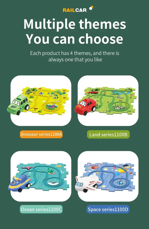 4 In 1 Puzzle Racer Car Track Set For Kids, Four Theme Raceway Playset with dinosaur, land, ocean, and space themes