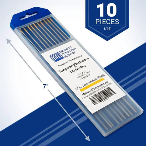 Premium 10 Pack 1/16 Inch 1.5 Lanthanated TIG Welding Tungsten Electrodes WL15 EWLa 1.5 Gold Tip For Beginners To Pros Smooth Arc High Quality Highly Rated, 10-pack in case