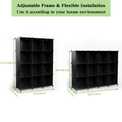 12 Cube Storage Organizer for Closet and Home, DIY Assembly with Wooden Hammer, Black Plastic Square Shelves shown in multiple configurations.