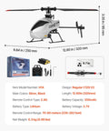 Diagram of Easy Start RC Helicopter For Beginners With Gyro 2.4GHz Remote showing dimensions and product details in black and silver.