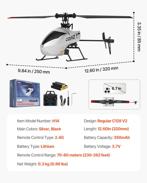 Diagram of Easy Start RC Helicopter For Beginners With Gyro 2.4GHz Remote showing dimensions and product details in black and silver.
