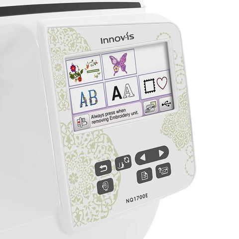 NQ1700E Embroidery Machine With 6x10 Field Must Have Wireless Setup screen showing design options, buttons visible