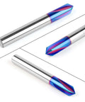 90° V-bit router bit with 1/4 in shank, carbide, 4-flute, blue nano coating (front and side views)