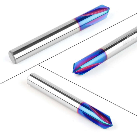 90° V-bit router bit with 1/4 in shank, carbide, 4-flute, blue nano coating (front and side views)