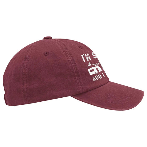 I'm Sexy and I Tow It Vintage Camping RV Camper Hat For Men, wine red, side view with adjustable buckle cap