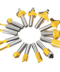 15 Piece One Quarter Inch Shank Tungsten Carbide Router Bit Set arranged in a circle showcasing yellow anti-kickback design.
